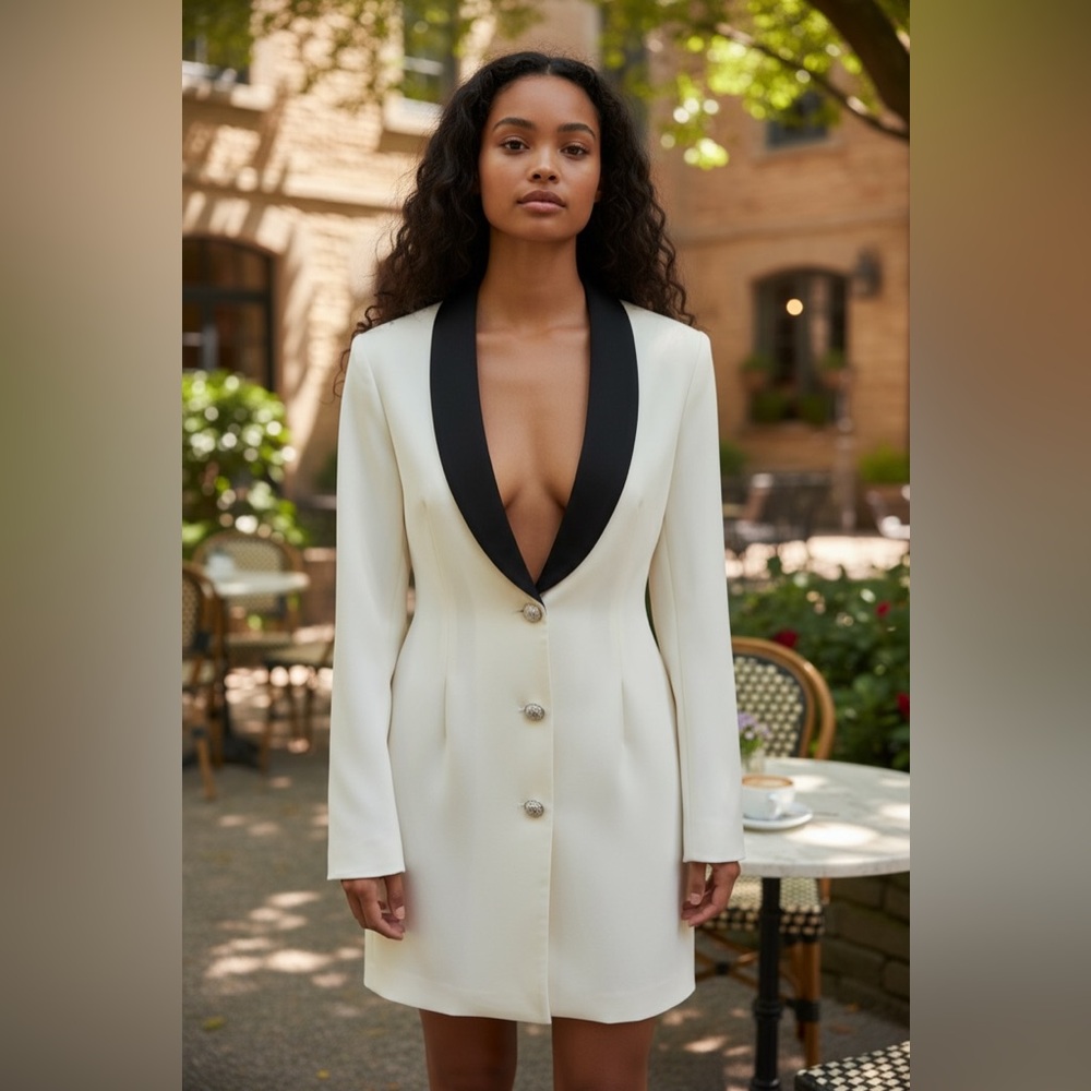 Naked Wardrobe White Blazer with Black Lapel